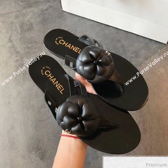 Chanel Flat Thong Sandals with Black Camellia Black 2019 (EM-9031911)