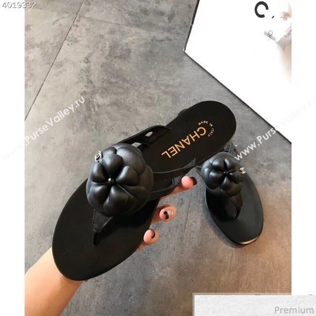 Chanel Flat Thong Sandals with Black Camellia Black 2019 (EM-9031911)