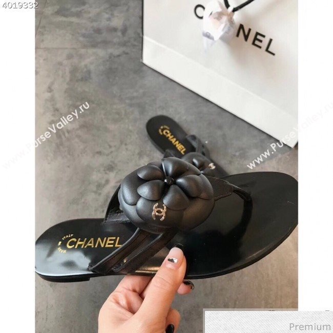 Chanel Flat Thong Sandals with Black Camellia Black 2019 (EM-9031911)