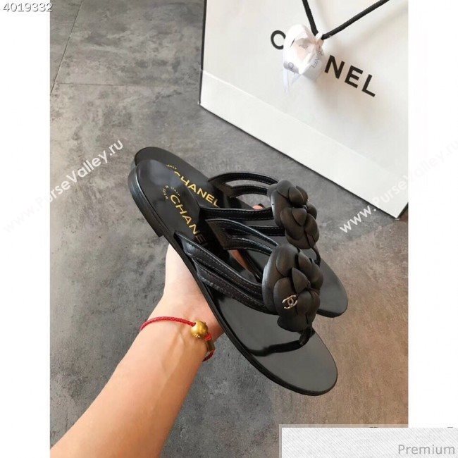 Chanel Flat Thong Sandals with Black Camellia Black 2019 (EM-9031911)