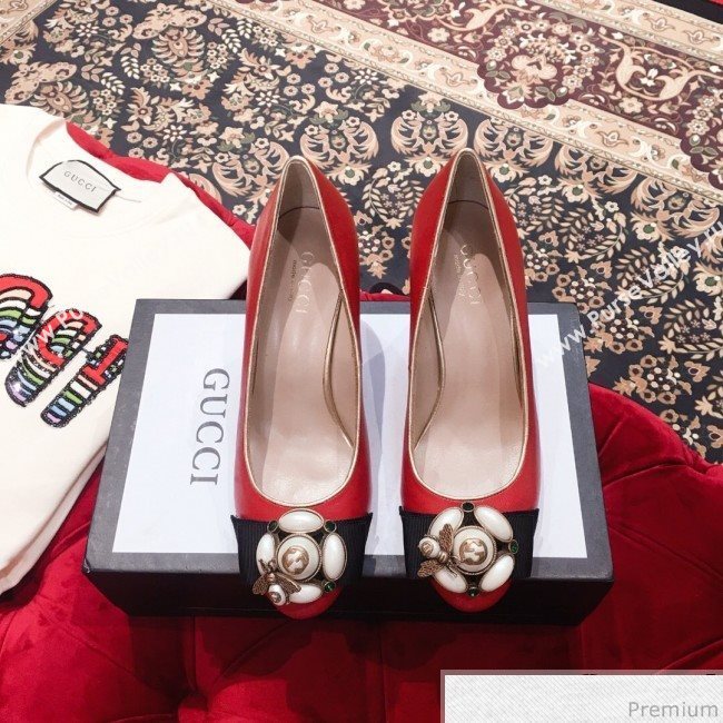 Gucci Leather Heel Pump with Bee and Pearls Red 2019 (KL-9031933)