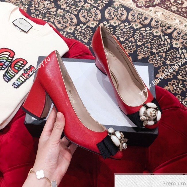 Gucci Leather Heel Pump with Bee and Pearls Red 2019 (KL-9031933)