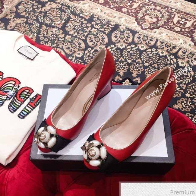 Gucci Leather Heel Pump with Bee and Pearls Red 2019 (KL-9031933)