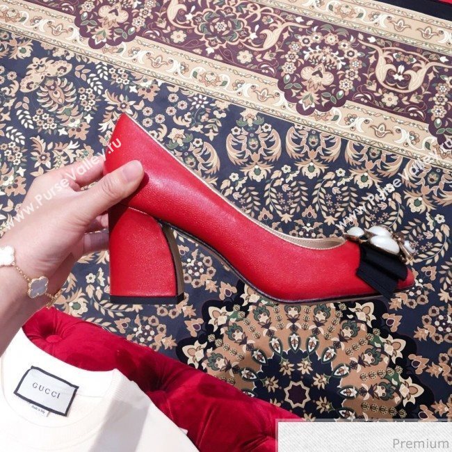 Gucci Leather Heel Pump with Bee and Pearls Red 2019 (KL-9031933)