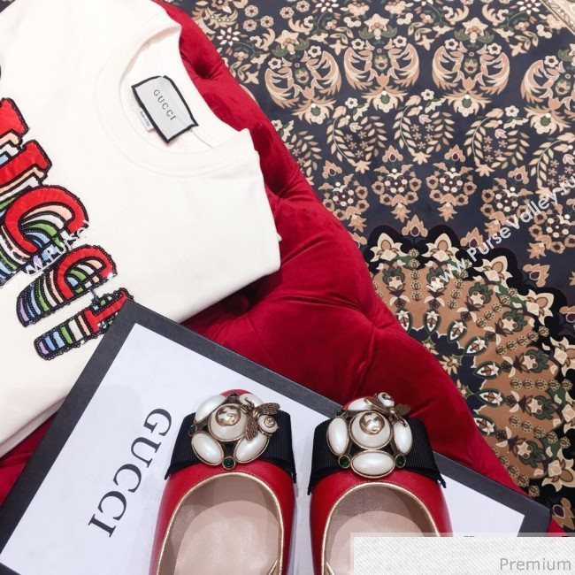 Gucci Leather Heel Pump with Bee and Pearls Red 2019 (KL-9031933)