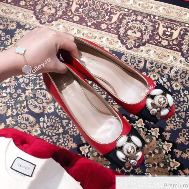 Gucci Leather Heel Pump with Bee and Pearls Red 2019 (KL-9031933)