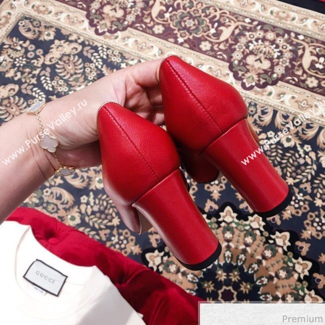 Gucci Leather Heel Pump with Bee and Pearls Red 2019 (KL-9031933)
