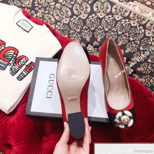 Gucci Leather Heel Pump with Bee and Pearls Red 2019 (KL-9031933)