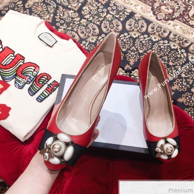Gucci Leather Heel Pump with Bee and Pearls Red 2019 (KL-9031933)