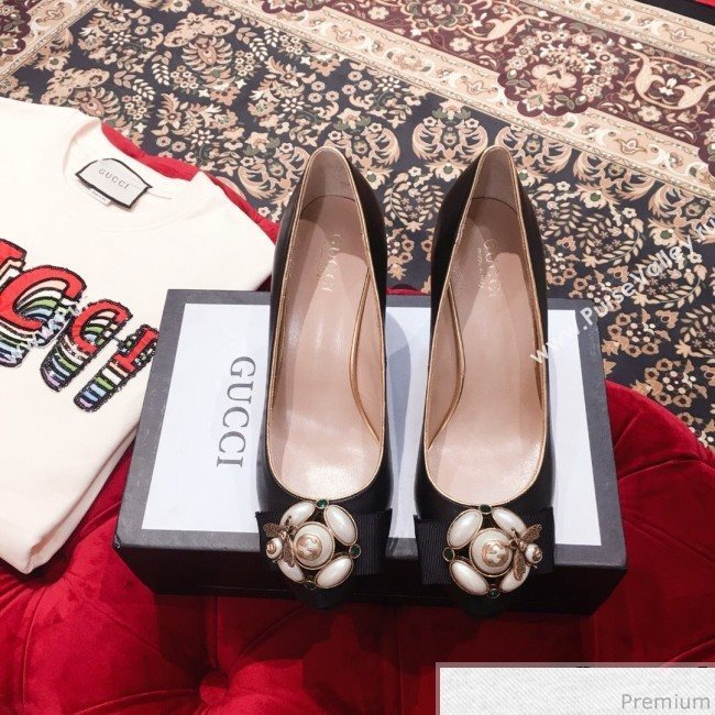 Gucci Leather Heel Pump with Bee and Pearls Black 2019 (KL-9031934)