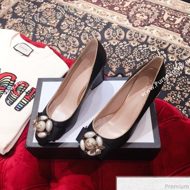 Gucci Leather Heel Pump with Bee and Pearls Black 2019 (KL-9031934)