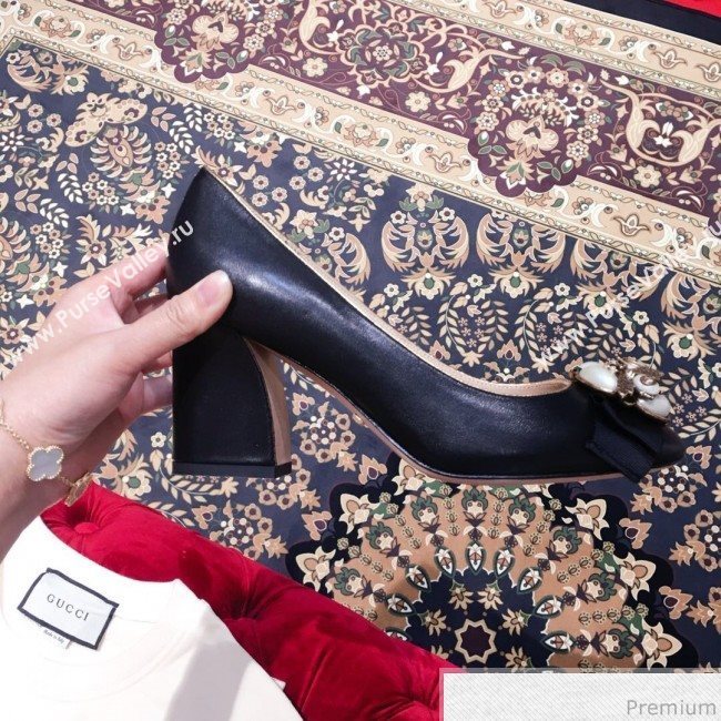 Gucci Leather Heel Pump with Bee and Pearls Black 2019 (KL-9031934)