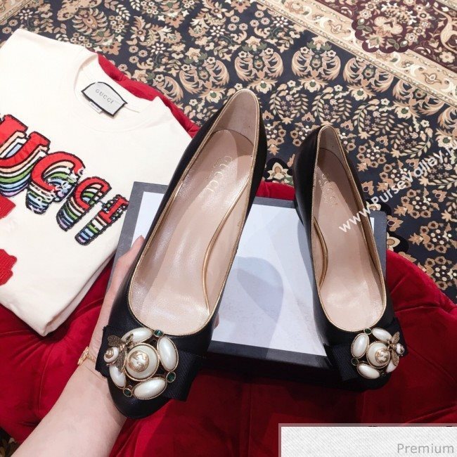Gucci Leather Heel Pump with Bee and Pearls Black 2019 (KL-9031934)