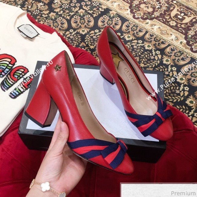 Gucci Leather Heel Pump with Web Bow Red 2019 (KL-9031935)