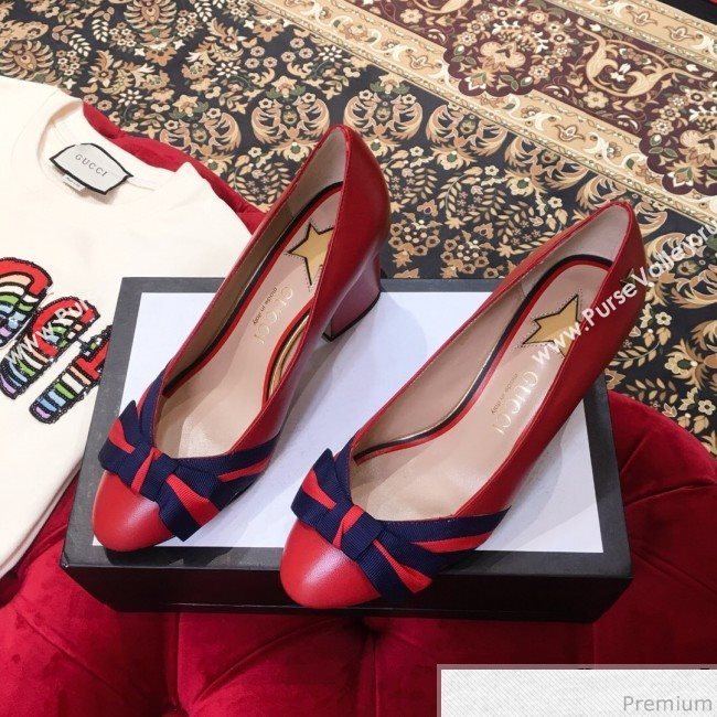 Gucci Leather Heel Pump with Web Bow Red 2019 (KL-9031935)