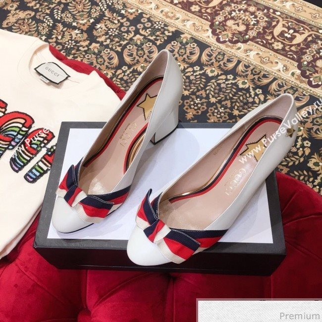 Gucci Leather Heel Pump with Web Bow White 2019 (KL-9031936)