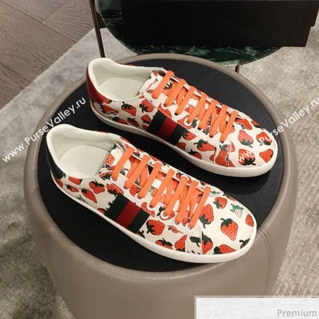 Gucci Ace Leather Sneaker with Gucci Strawberry Print ‎387993 2019 (KL-9031938)