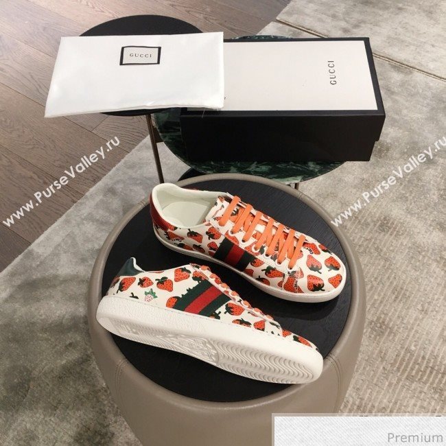 Gucci Ace Leather Sneaker with Gucci Strawberry Print ‎387993 2019 (KL-9031938)