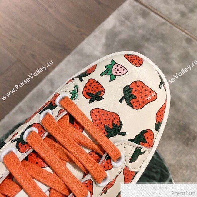 Gucci Ace Leather Sneaker with Gucci Strawberry Print ‎387993 2019 (KL-9031938)