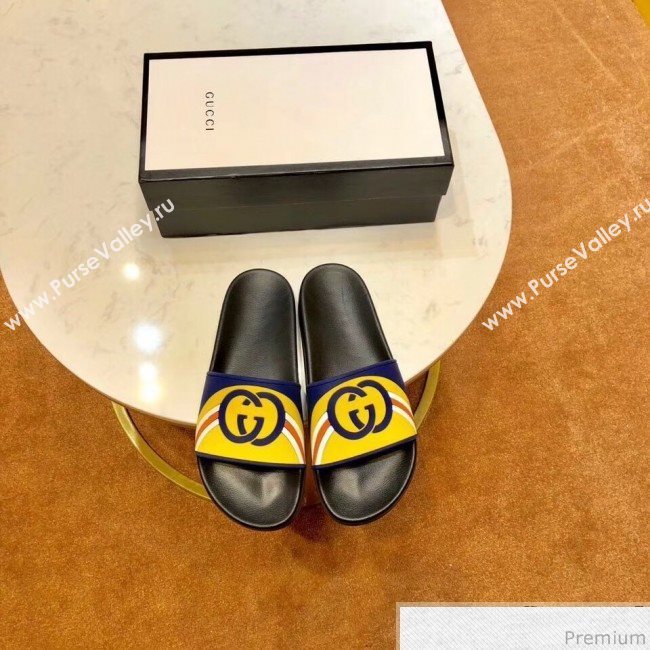 Gucci Flat Rainbow GG Rubber Slide Sandal Black/Yellow 2019(For Women and Men) (SIYA-9031943)