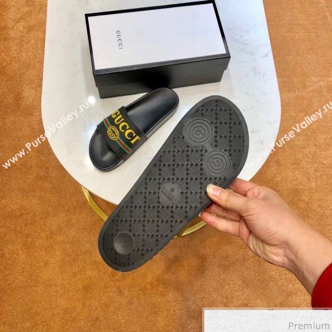 Gucci Flat Logo Rubber Slide Sandal 525140 Black/Yellow 2019(For Women and Men) (SIYA-9031942)