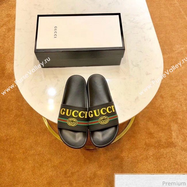 Gucci Flat Logo Rubber Slide Sandal 525140 Black/Yellow 2019(For Women and Men) (SIYA-9031942)
