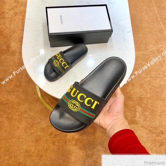 Gucci Flat Logo Rubber Slide Sandal 525140 Black/Yellow 2019(For Women and Men) (SIYA-9031942)