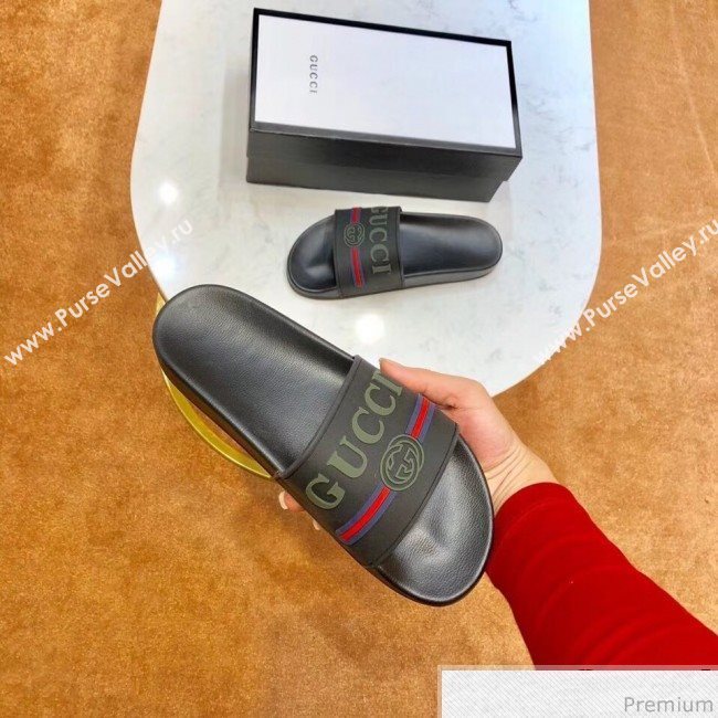 Gucci Flat Logo Rubber Slide Sandal 525140 Black/Red/Blue 2019(For Women and Men) (SIYA-9031941)