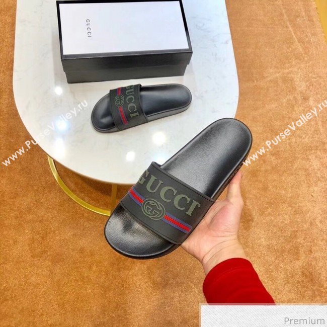 Gucci Flat Logo Rubber Slide Sandal 525140 Black/Red/Blue 2019(For Women and Men) (SIYA-9031941)