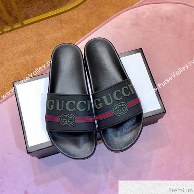 Gucci Flat Logo Rubber Slide Sandal 525140 Black/Red/Blue 2019(For Women and Men) (SIYA-9031941)