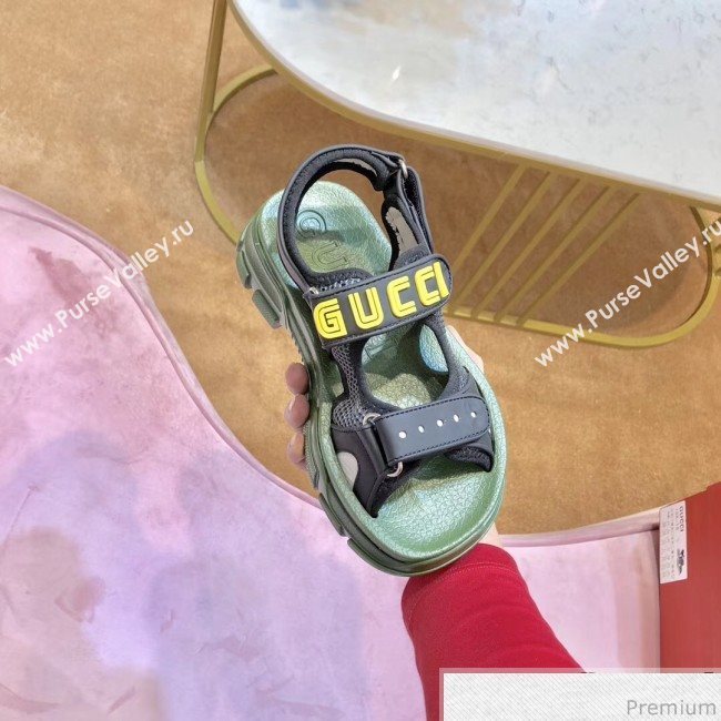 Gucci Flat Leather and Mesh Sandal 549909 Green/Black 2019(For Women and Men) (SIYA-9031946)