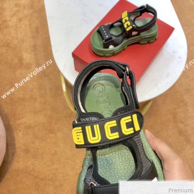 Gucci Flat Leather and Mesh Sandal 549909 Green/Black 2019(For Women and Men) (SIYA-9031946)