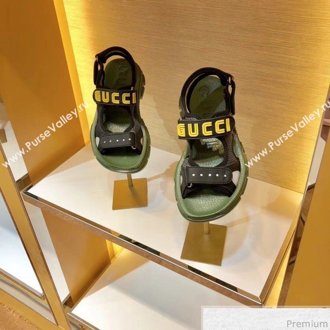 Gucci Flat Leather and Mesh Sandal 549909 Green/Black 2019(For Women and Men) (SIYA-9031946)