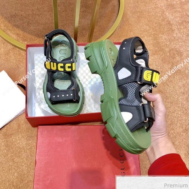 Gucci Flat Leather and Mesh Sandal 549909 Green/Black 2019(For Women and Men) (SIYA-9031946)