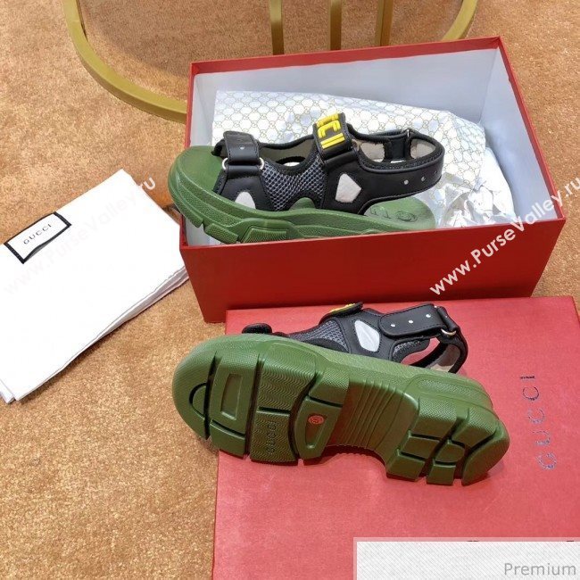 Gucci Flat Leather and Mesh Sandal 549909 Green/Black 2019(For Women and Men) (SIYA-9031946)