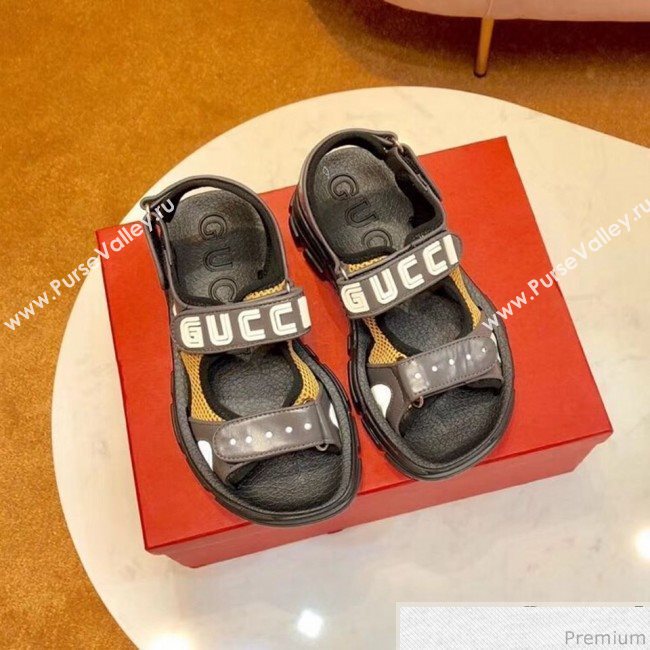 Gucci Flat Leather and Mesh Sandal 549909 Black/Yellow 2019(For Women and Men) (SIYA-9031947)