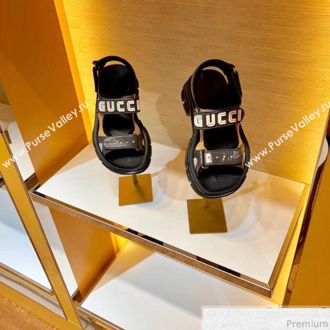 Gucci Flat Leather and Mesh Sandal 549909 Black/Yellow 2019(For Women and Men) (SIYA-9031947)