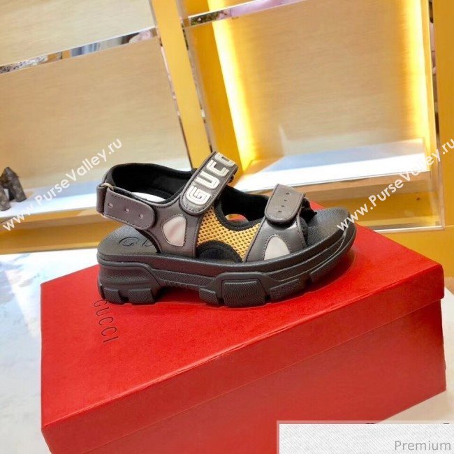 Gucci Flat Leather and Mesh Sandal 549909 Black/Yellow 2019(For Women and Men) (SIYA-9031947)
