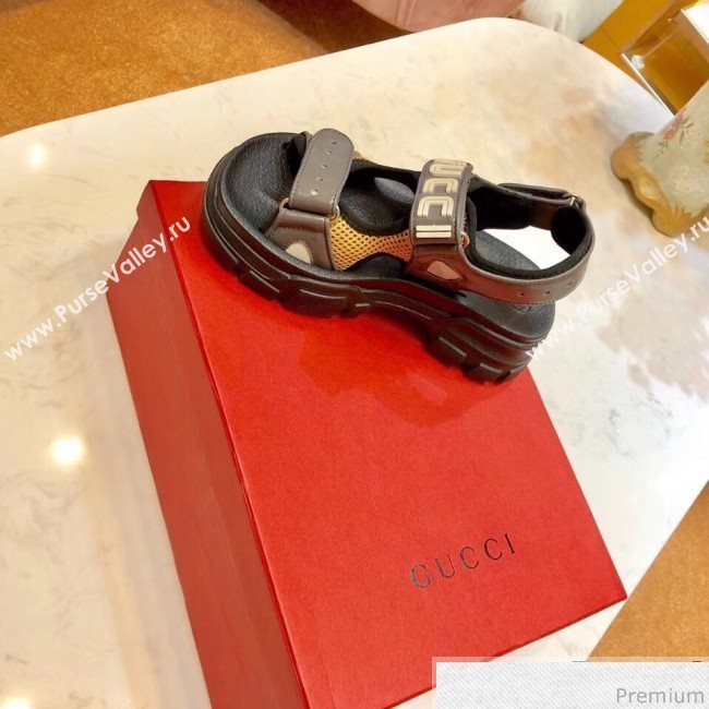 Gucci Flat Leather and Mesh Sandal 549909 Black/Yellow 2019(For Women and Men) (SIYA-9031947)