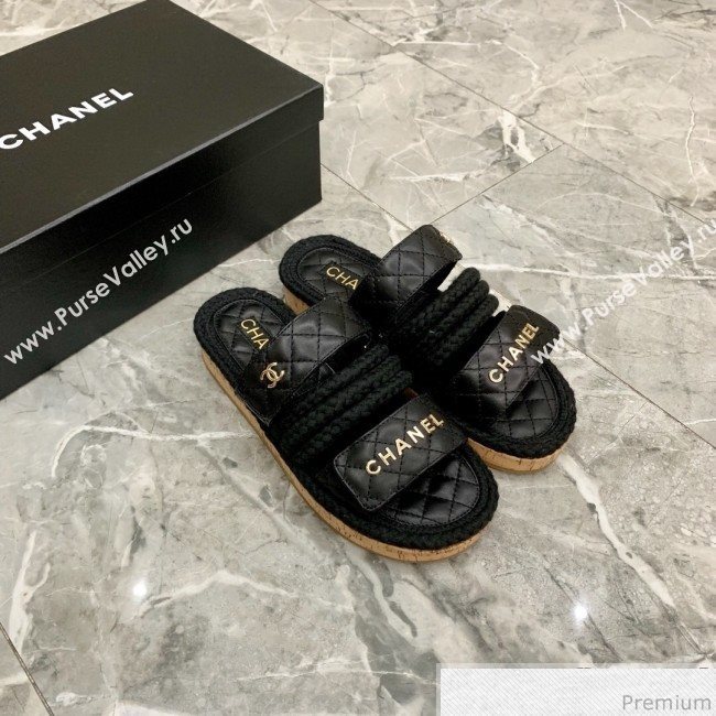 Chanel Flat Cord Slide Sandals G34603 Black/Gold 2019 (A8-9031950)