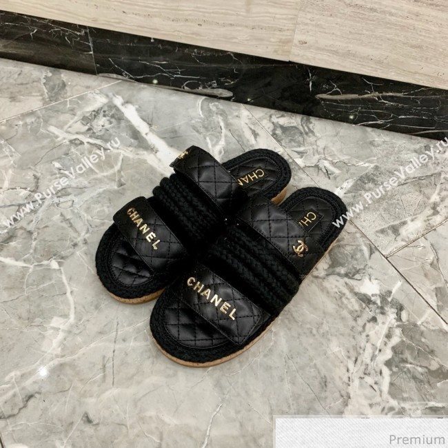 Chanel Flat Cord Slide Sandals G34603 Black/Gold 2019 (A8-9031950)