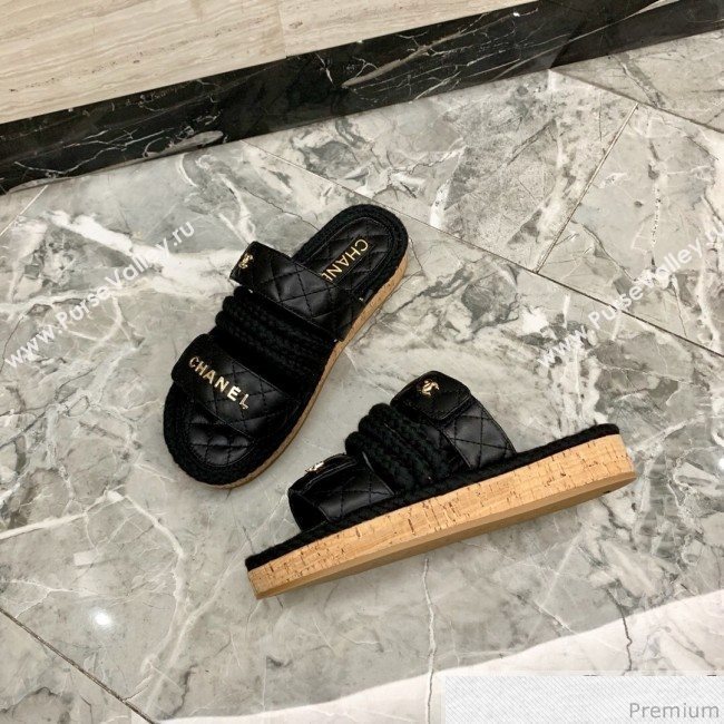 Chanel Flat Cord Slide Sandals G34603 Black/Gold 2019 (A8-9031950)