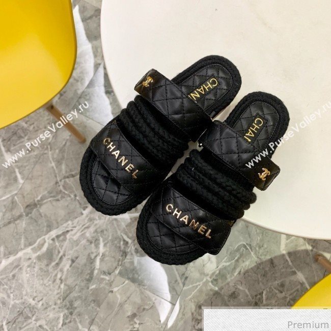 Chanel Flat Cord Slide Sandals G34603 Black/Gold 2019 (A8-9031950)
