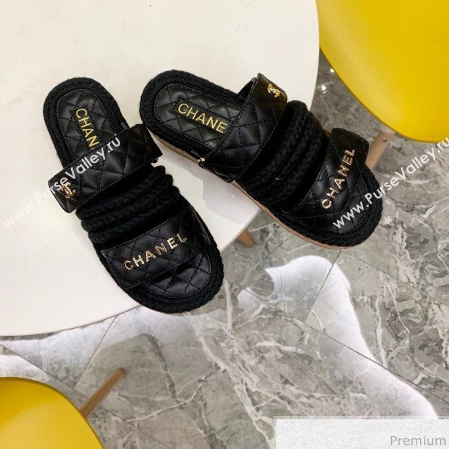 Chanel Flat Cord Slide Sandals G34603 Black/Gold 2019 (A8-9031950)