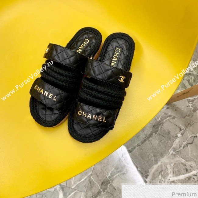 Chanel Flat Cord Slide Sandals G34603 Black/Gold 2019 (A8-9031950)