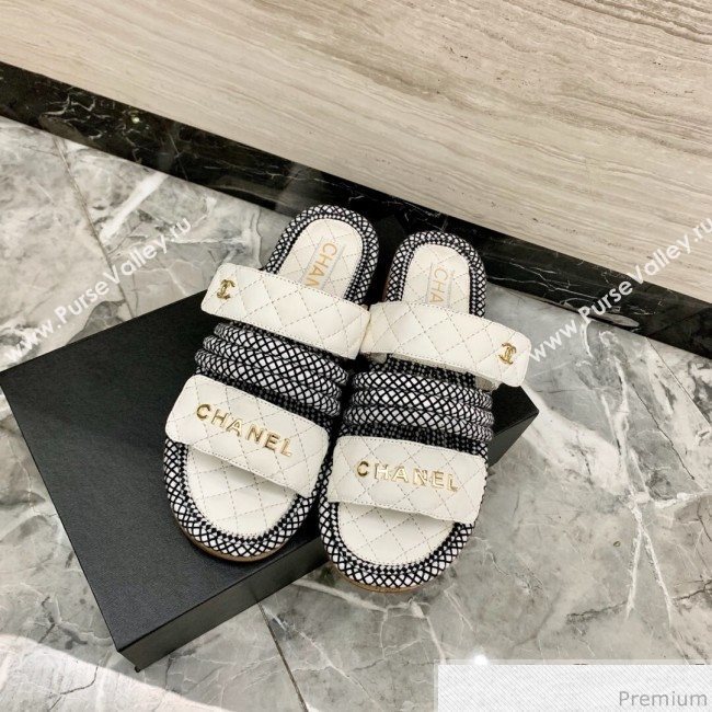 Chanel Flat Cord Slide Sandals G34603 White/Black 2019 (A8-9031949)