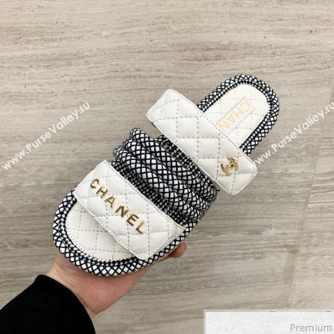 Chanel Flat Cord Slide Sandals G34603 White/Black 2019 (A8-9031949)