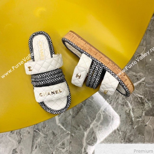 Chanel Flat Cord Slide Sandals G34603 White/Black 2019 (A8-9031949)