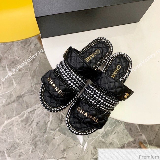 Chanel Flat Cord Slide Sandals G34603 Black/Ivory White 2019 (A8-9031948)