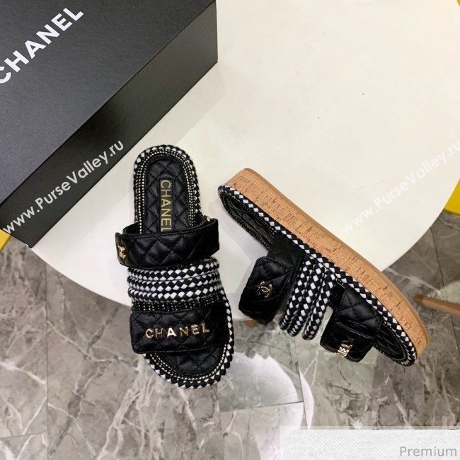 Chanel Flat Cord Slide Sandals G34603 Black/Ivory White 2019 (A8-9031948)